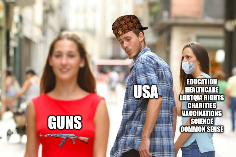 The USA is Ammosexual | USA; EDUCATION
HEALTHCARE
LGBTQIA RIGHTS
CHARITIES
VACCINATIONS
SCIENCE
COMMON SENSE; GUNS | image tagged in memes,distracted boyfriend,gun control,usa | made w/ Imgflip meme maker