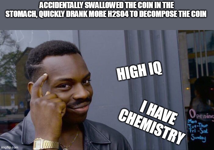 Roll Safe Think About It |  ACCIDENTALLY SWALLOWED THE COIN IN THE STOMACH, QUICKLY DRANK MORE H2SO4 TO DECOMPOSE THE COIN; HIGH IQ; I HAVE CHEMISTRY | image tagged in memes,roll safe think about it | made w/ Imgflip meme maker