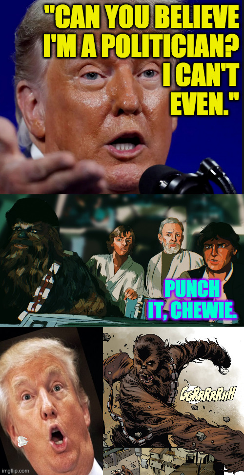 I still can't. | "CAN YOU BELIEVE
I'M A POLITICIAN?
I CAN'T
EVEN."; PUNCH IT, CHEWIE. | image tagged in memes,star wars,trump,punch it chewie | made w/ Imgflip meme maker