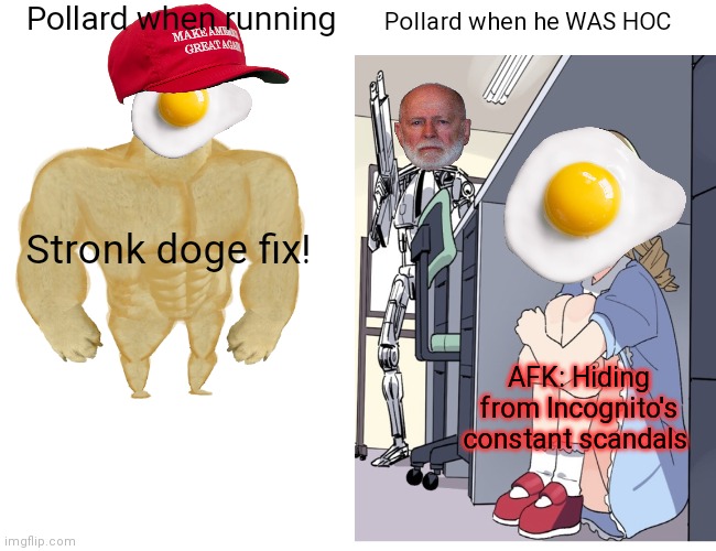 Don't fall for it again... | Pollard when running Pollard when he WAS HOC AFK: Hiding from Incognito's constant scandals Stronk doge fix! | image tagged in buff doge vs cheems,vote,common sense,party | made w/ Imgflip meme maker