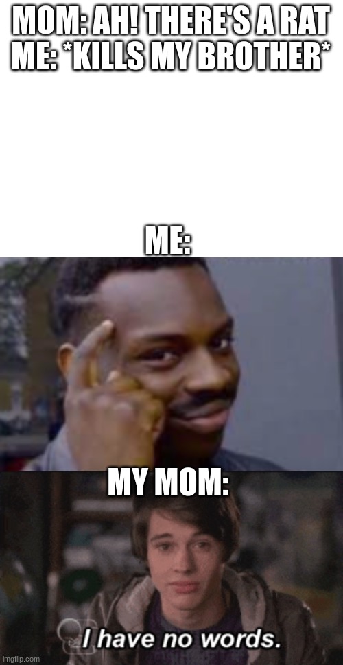 Dark Humor. | MOM: AH! THERE'S A RAT
ME: *KILLS MY BROTHER*; ME:; MY MOM: | image tagged in blank white template | made w/ Imgflip meme maker