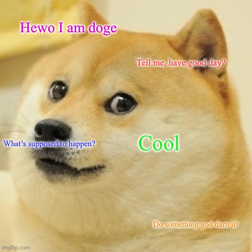 Let’s see part dos | Hewo I am doge; Tell me, have good day? Cool; What’s supposed to happen? Do something god darn it! | image tagged in memes,doge | made w/ Imgflip meme maker