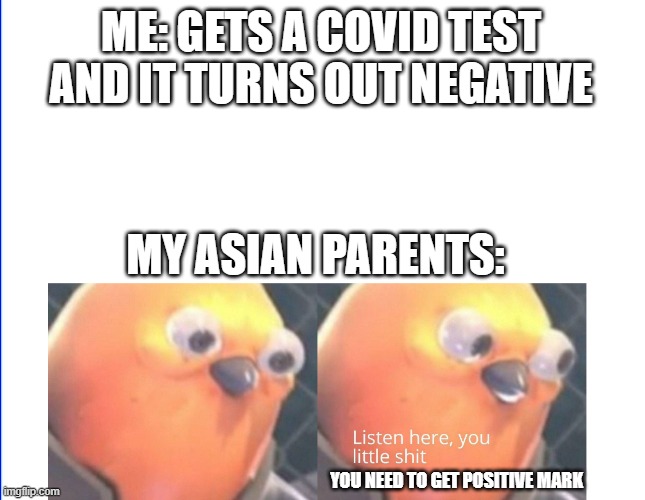 Strict parents be like: | ME: GETS A COVID TEST AND IT TURNS OUT NEGATIVE; MY ASIAN PARENTS:; YOU NEED TO GET POSITIVE MARK | image tagged in listen here you little shit | made w/ Imgflip meme maker