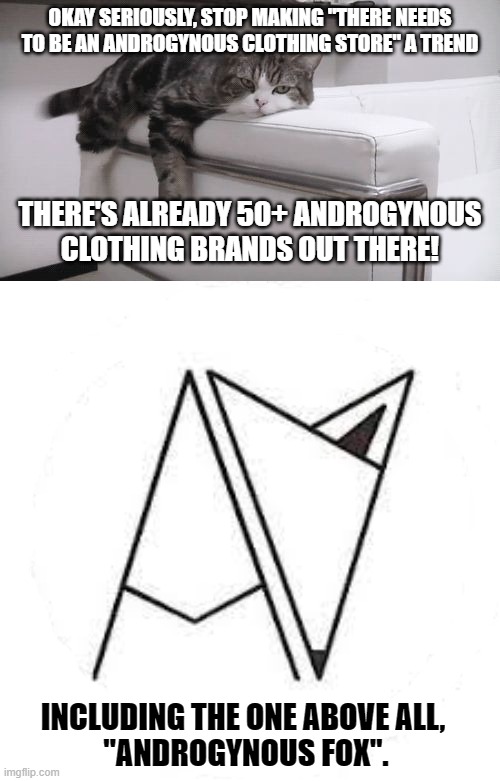 Fellas, You really need to do your research xD | OKAY SERIOUSLY, STOP MAKING "THERE NEEDS TO BE AN ANDROGYNOUS CLOTHING STORE" A TREND; THERE'S ALREADY 50+ ANDROGYNOUS CLOTHING BRANDS OUT THERE! INCLUDING THE ONE ABOVE ALL, 
"ANDROGYNOUS FOX". | image tagged in bored cat,memes,androgynous fox,lgbtq,clothes | made w/ Imgflip meme maker