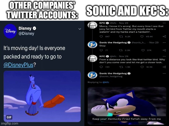 Blank White Template | SONIC AND KFC'S:; OTHER COMPANIES' TWITTER ACCOUNTS: | image tagged in blank white template,disney,sonic,sonic the hedgehog,kfc | made w/ Imgflip meme maker