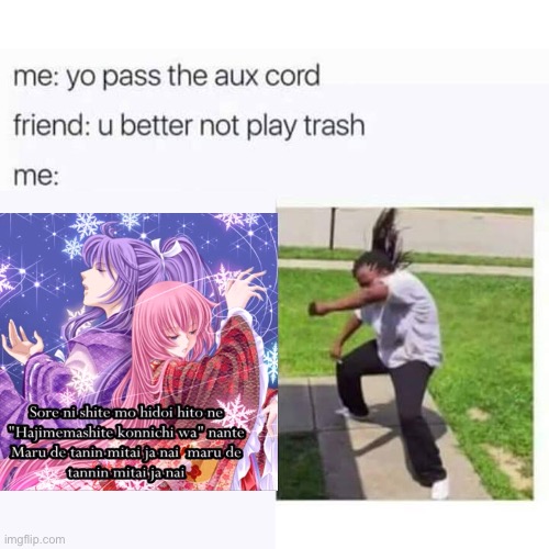 Me? Vocaloid trash? Never | image tagged in aux cord,hand me the aux cord,vocaloid | made w/ Imgflip meme maker