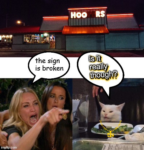 Under or In Need Of New Management | is it really though? is it really though? the sign is broken | image tagged in memes,woman yelling at cat,hooters,hooters girls,dank memes | made w/ Imgflip meme maker
