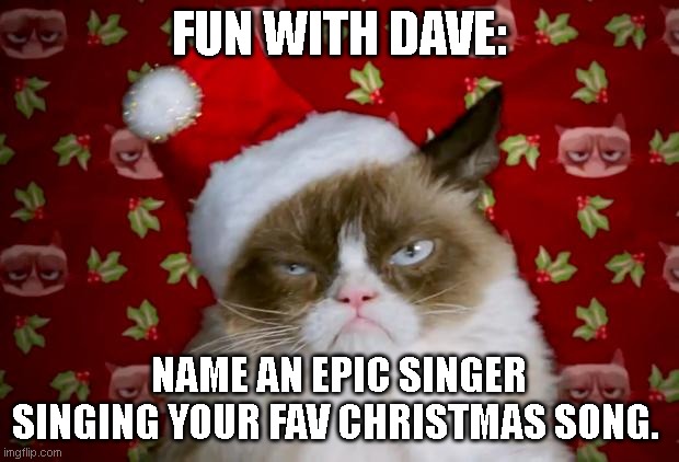 Christmas Fun | FUN WITH DAVE:; NAME AN EPIC SINGER SINGING YOUR FAV CHRISTMAS SONG. | image tagged in grumpy santa cat | made w/ Imgflip meme maker