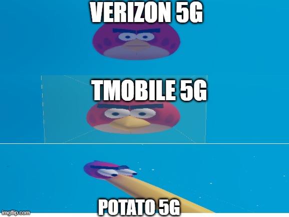 Angry Birds Evolves | VERIZON 5G; TMOBILE 5G; POTATO 5G | image tagged in blank white template | made w/ Imgflip meme maker