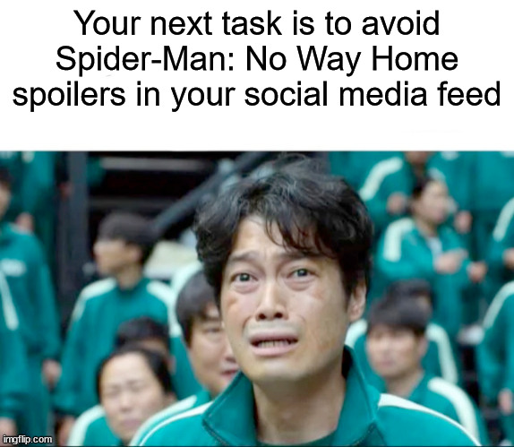 Your next task is to- | Your next task is to avoid Spider-Man: No Way Home spoilers in your social media feed | image tagged in your next task is to- | made w/ Imgflip meme maker