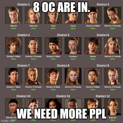 hunger games | 8 OC ARE IN. WE NEED MORE PPL | image tagged in d | made w/ Imgflip meme maker