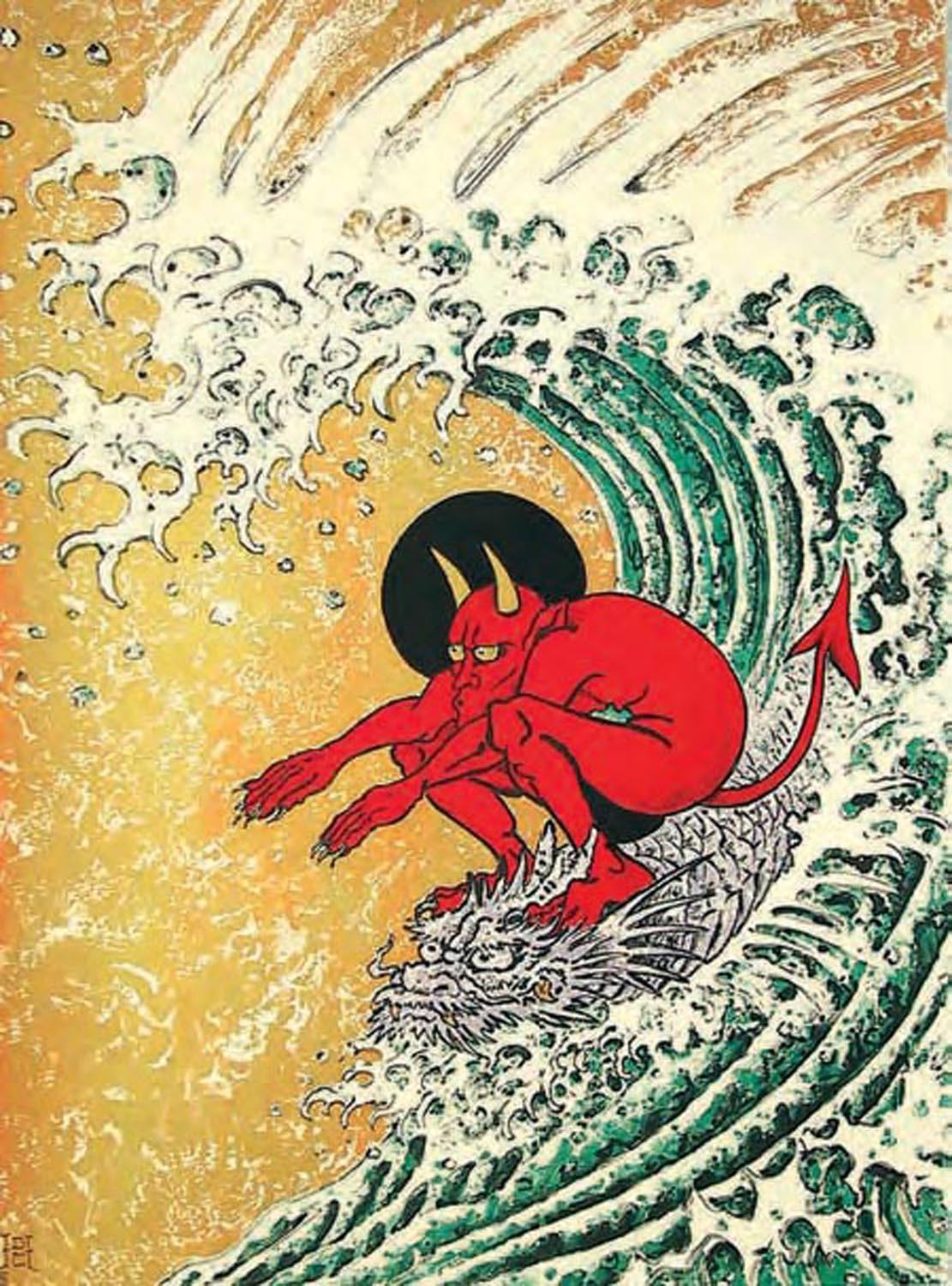 SURF OR DIE, DEVIL SURFING, JAPANESE WAVE & DEVIL Blank Meme Template