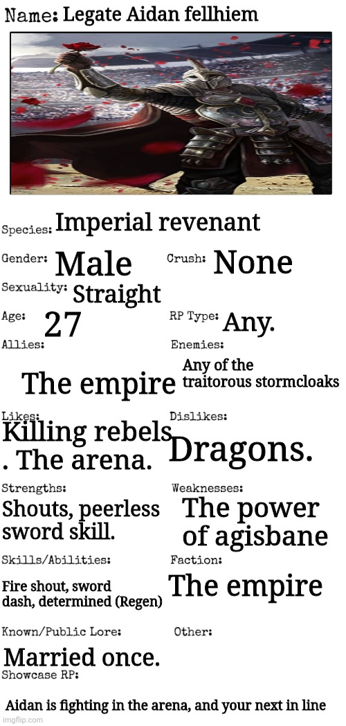 Saw someone make an Skyrim oc, thought I would too! | Legate Aidan fellhiem; Imperial revenant; None; Male; Straight; 27; Any. Any of the traitorous stormcloaks; The empire; Killing rebels . The arena. Dragons. Shouts, peerless sword skill. The power of agisbane; The empire; Fire shout, sword dash, determined (Regen); Married once. Aidan is fighting in the arena, and your next in line | image tagged in new oc showcase for rp stream | made w/ Imgflip meme maker