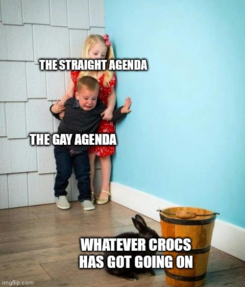 Children scared of rabbit | THE STRAIGHT AGENDA; THE GAY AGENDA; WHATEVER CROCS HAS GOT GOING ON | image tagged in children scared of rabbit | made w/ Imgflip meme maker