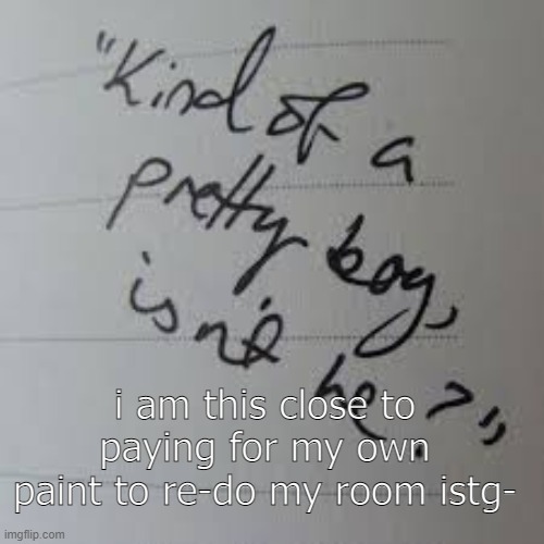 i first painted them like two years ago and i chose a bright seafoam color and my room looks like it belongs to a 11yr girl- | i am this close to paying for my own paint to re-do my room istg- | image tagged in kind of a pretty boy isnt he | made w/ Imgflip meme maker