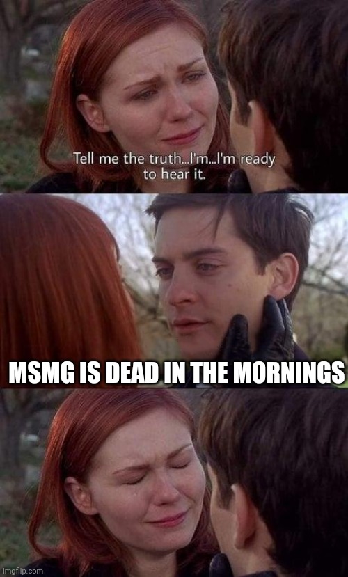 Tell me the truth, I'm ready to hear it | MSMG IS DEAD IN THE MORNINGS | image tagged in tell me the truth i'm ready to hear it | made w/ Imgflip meme maker