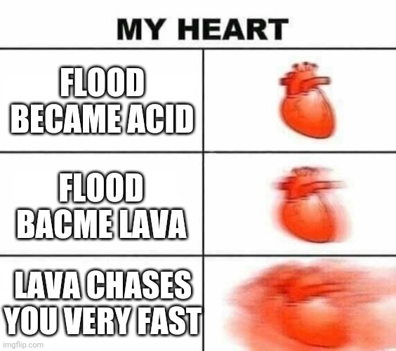 Flood Escape memes | FLOOD BECAME ACID; FLOOD BACME LAVA; LAVA CHASES YOU VERY FAST | image tagged in my heart blank | made w/ Imgflip meme maker
