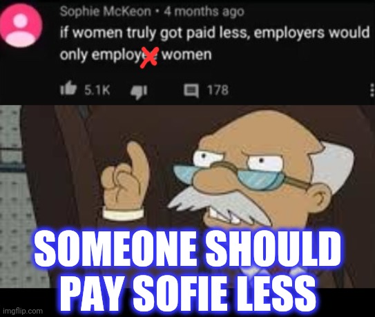 SOMEONE SHOULD PAY SOFIE LESS | image tagged in technically correct | made w/ Imgflip meme maker