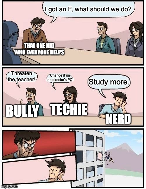 Boardroom Meeting Suggestion Meme | I got an F, what should we do? THAT ONE KID WHO EVERYONE HELPS; Threaten the teacher! Change it on the director's PC! Study more. TECHIE; BULLY; NERD | image tagged in memes,boardroom meeting suggestion,school,bad grades | made w/ Imgflip meme maker