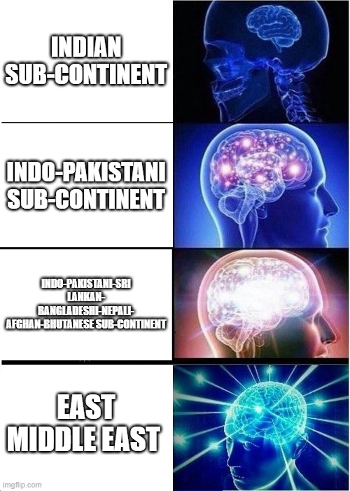 Expanding Brain Meme | INDIAN SUB-CONTINENT; INDO-PAKISTANI SUB-CONTINENT; INDO-PAKISTANI-SRI LANKAN- BANGLADESHI-NEPALI- AFGHAN-BHUTANESE SUB-CONTINENT; EAST MIDDLE EAST | image tagged in memes,expanding brain | made w/ Imgflip meme maker