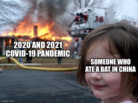 Disaster Girl Meme |  2020 AND 2021 COVID-19 PANDEMIC; SOMEONE WHO ATE A BAT IN CHINA | image tagged in memes,disaster girl | made w/ Imgflip meme maker