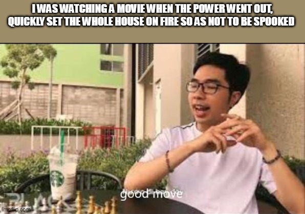 BlvckVine: good move |  I WAS WATCHING A MOVIE WHEN THE POWER WENT OUT, QUICKLY SET THE WHOLE HOUSE ON FIRE SO AS NOT TO BE SPOOKED | image tagged in blvckvine good move | made w/ Imgflip meme maker