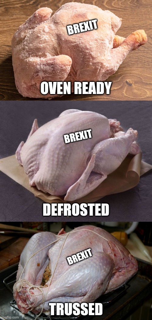 Showing Brexit as the Turkey it is! | BREXIT; OVEN READY; BREXIT; DEFROSTED; BREXIT; TRUSSED | image tagged in brexit,turkey,memes,funny,politics | made w/ Imgflip meme maker