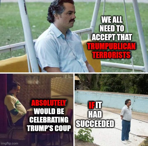 Republicans Would Never Have Tolerated Terrorism But Trumpublicans Are Addicted To It | WE ALL NEED TO ACCEPT THAT TRUMPUBLICAN TERRORISTS; TRUMPUBLICAN TERRORISTS; IF IT HAD SUCCEEDED; ABSOLUTELY; ABSOLUTELY WOULD BE CELEBRATING TRUMP'S COUP; IF | image tagged in memes,sad pablo escobar,trumpublican terrorists,domestic terrorists,lock them up,liars and cheats | made w/ Imgflip meme maker