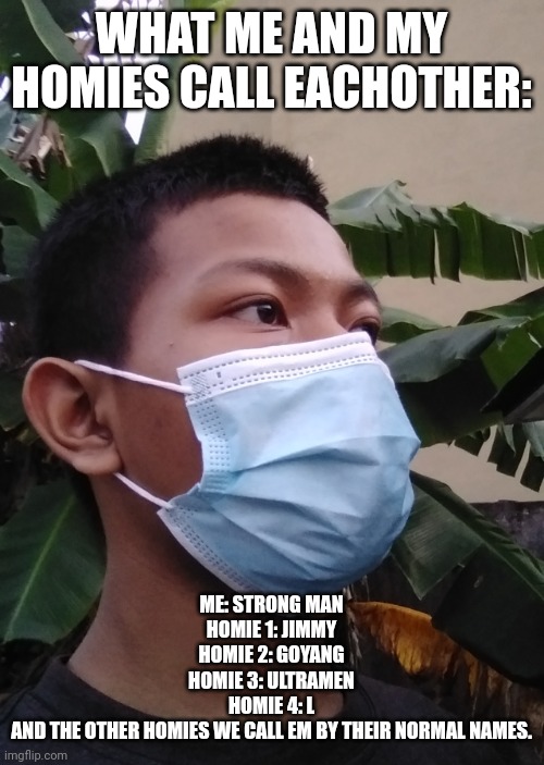 WHAT ME AND MY HOMIES CALL EACHOTHER:; ME: STRONG MAN
HOMIE 1: JIMMY
HOMIE 2: GOYANG
HOMIE 3: ULTRAMEN
HOMIE 4: L
AND THE OTHER HOMIES WE CALL EM BY THEIR NORMAL NAMES. | image tagged in akifhaziq | made w/ Imgflip meme maker