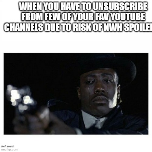 Pls don't put NWH spoilers online guys |  WHEN YOU HAVE TO UNSUBSCRIBE FROM FEW OF YOUR FAV YOUTUBE CHANNELS DUE TO RISK OF NWH SPOILERS:; don't search | image tagged in crying black guy with a gun,no spoilers | made w/ Imgflip meme maker