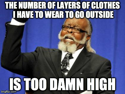 Too Damn High Meme | THE NUMBER OF LAYERS OF CLOTHES I HAVE TO WEAR TO GO OUTSIDE IS TOO DAMN HIGH | image tagged in memes,too damn high,AdviceAnimals | made w/ Imgflip meme maker