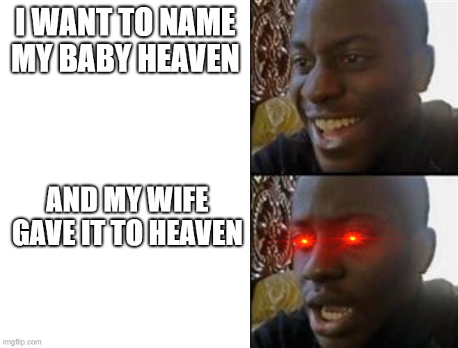 dark meme | I WANT TO NAME MY BABY HEAVEN; AND MY WIFE GAVE IT TO HEAVEN | image tagged in happy to sad | made w/ Imgflip meme maker