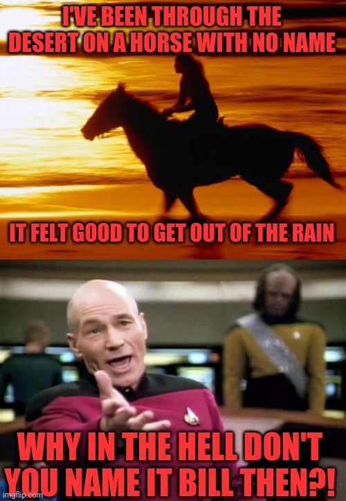 America | I'VE BEEN THROUGH THE DESERT ON A HORSE WITH NO NAME; IT FELT GOOD TO GET OUT OF THE RAIN; WHY IN THE HELL DON'T YOU NAME IT BILL THEN?! | image tagged in horse and sunset,startrek,trojan horse,name,bill | made w/ Imgflip meme maker