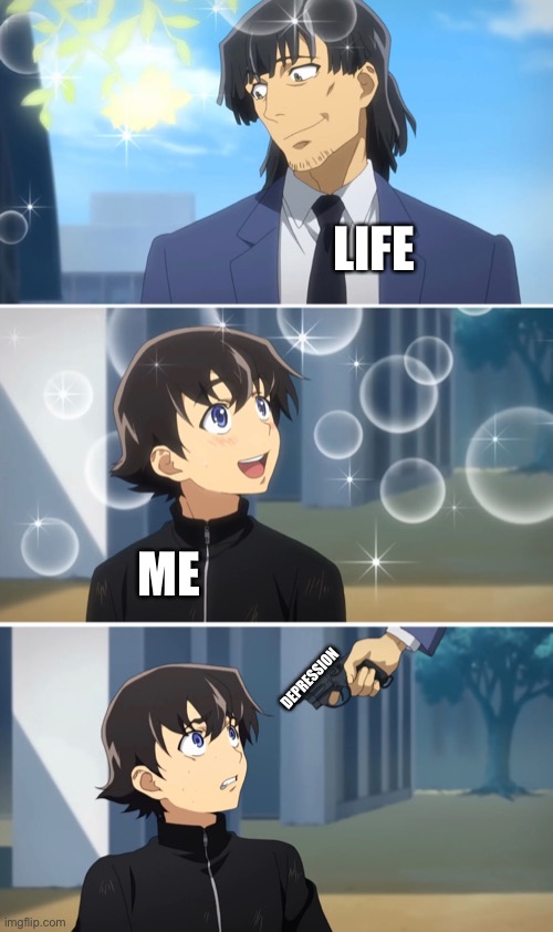 :c | LIFE; ME; DEPRESSION | image tagged in mirai nikki | made w/ Imgflip meme maker