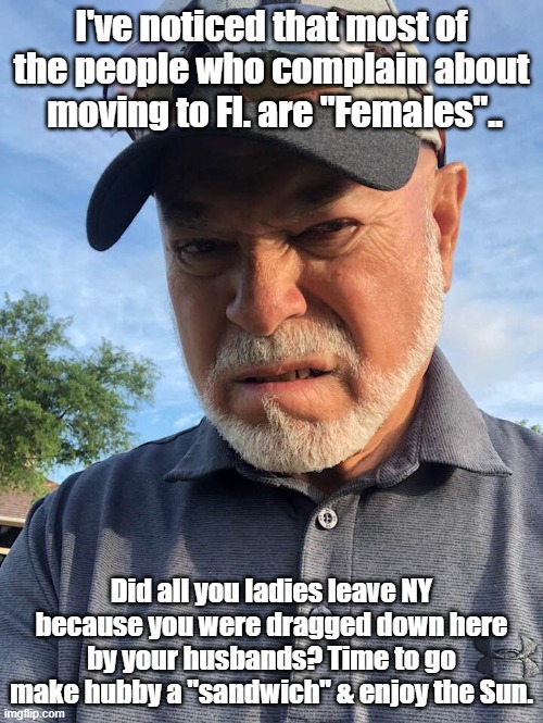 Moving to Florida |  I've noticed that most of the people who complain about  moving to Fl. are "Females".. Did all you ladies leave NY because you were dragged down here by your husbands? Time to go make hubby a "sandwich" & enjoy the Sun. | image tagged in new york | made w/ Imgflip meme maker