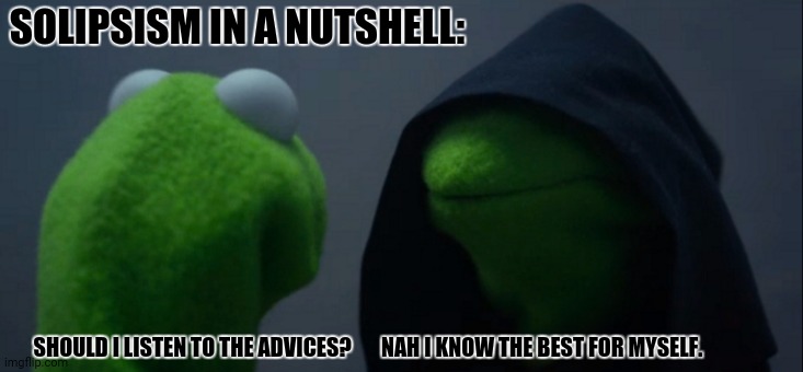 Evil Kermit Meme | SOLIPSISM IN A NUTSHELL:; SHOULD I LISTEN TO THE ADVICES?       NAH I KNOW THE BEST FOR MYSELF. | image tagged in memes,think,god | made w/ Imgflip meme maker