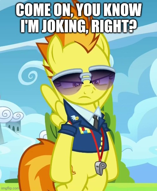 Concerned Spitfire (MLP) | COME ON, YOU KNOW I'M JOKING, RIGHT? | image tagged in concerned spitfire mlp | made w/ Imgflip meme maker