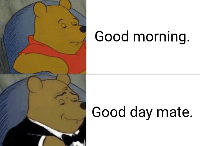 Tuxedo Winnie The Pooh | Good morning. Good day mate. | image tagged in memes,british,fag | made w/ Imgflip meme maker