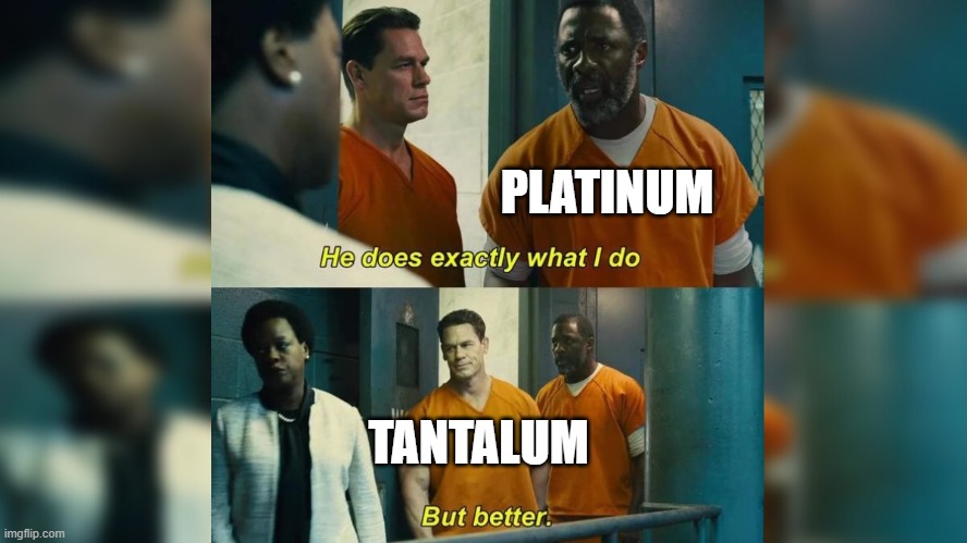 Tantalum is just Platinum, but cheaper | PLATINUM; TANTALUM | image tagged in he does everything i do | made w/ Imgflip meme maker