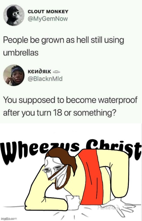 When you're an adult, you're immune to water | image tagged in wheezus christ,memes,unfunny | made w/ Imgflip meme maker