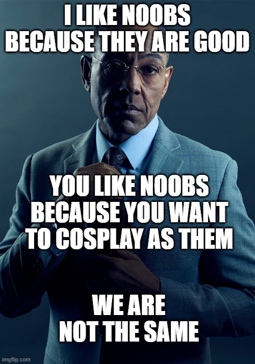 Gus Fring we are not the same | I LIKE NOOBS BECAUSE THEY ARE GOOD; YOU LIKE NOOBS BECAUSE YOU WANT TO COSPLAY AS THEM; WE ARE NOT THE SAME | image tagged in gus fring we are not the same | made w/ Imgflip meme maker