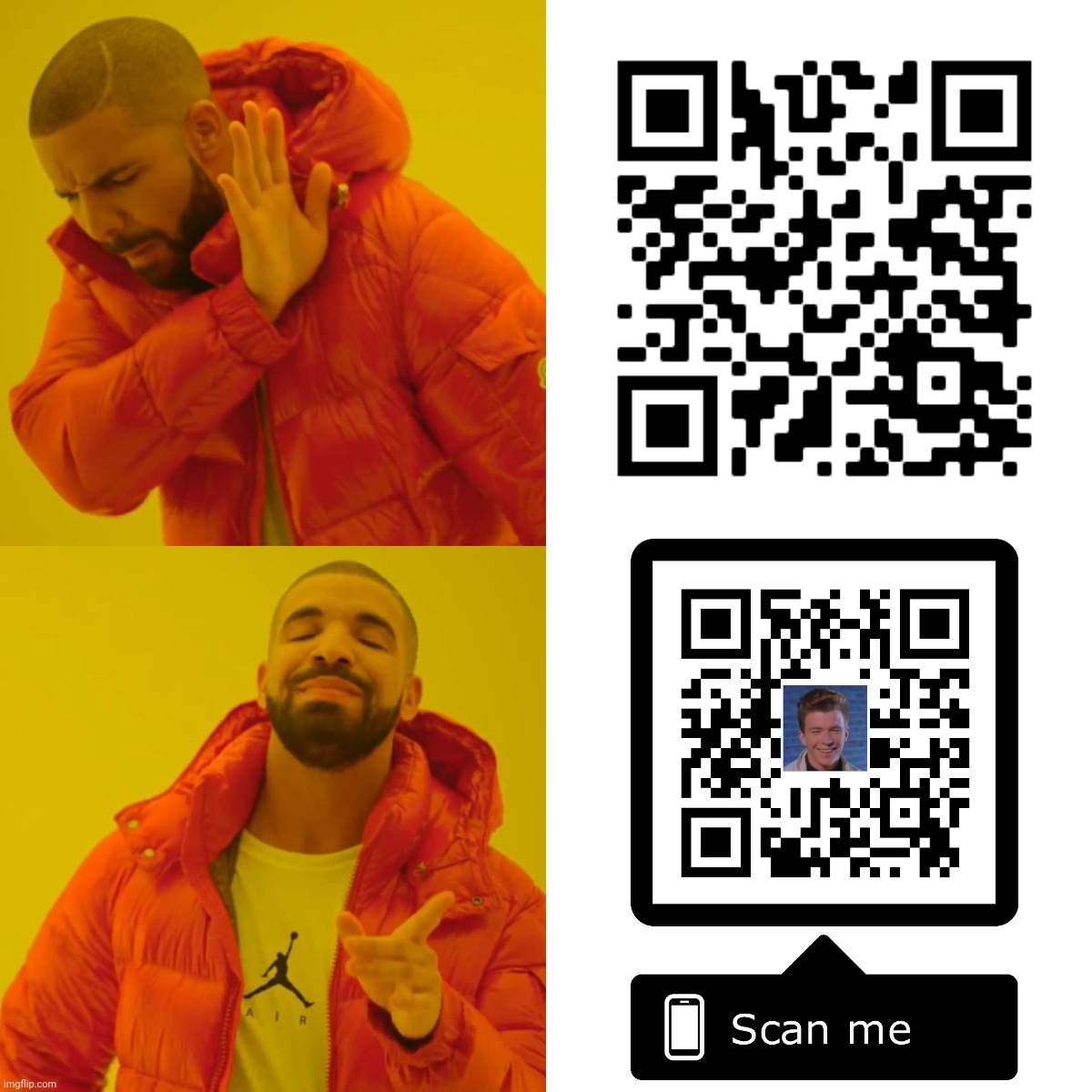 Which QR?! | image tagged in memes,drake hotline bling,oh wow are you actually reading these tags,qr code,rick roll,funny | made w/ Imgflip meme maker