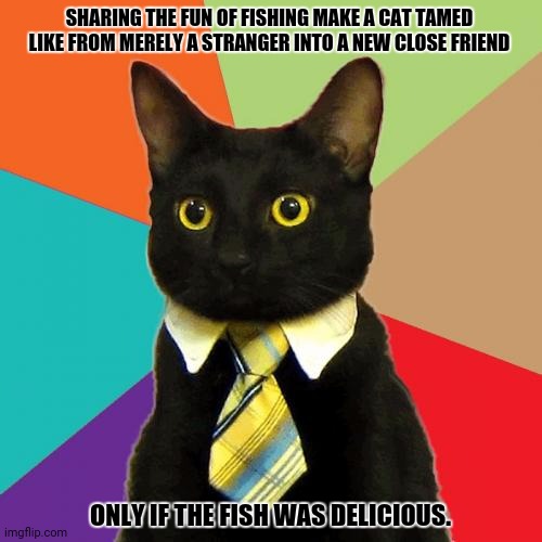 Business Cat | SHARING THE FUN OF FISHING MAKE A CAT TAMED LIKE FROM MERELY A STRANGER INTO A NEW CLOSE FRIEND; ONLY IF THE FISH WAS DELICIOUS. | image tagged in memes,fishing,cat | made w/ Imgflip meme maker