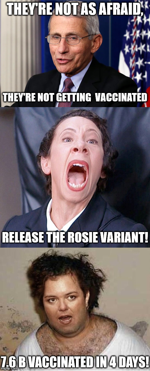 the "ROSIE O'DONELL  VARIANT" |  THEY'RE NOT AS AFRAID, THEY'RE NOT GETTING  VACCINATED; RELEASE THE ROSIE VARIANT! 7.6 B VACCINATED IN 4 DAYS! | image tagged in rosie  variant,covid 19 virus | made w/ Imgflip meme maker