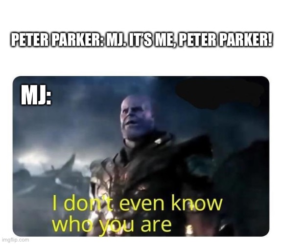 Spider Man 4 Scene Idea | PETER PARKER: MJ. IT’S ME, PETER PARKER! MJ: | image tagged in thanos i don't even know who you are,spiderman,mcu | made w/ Imgflip meme maker