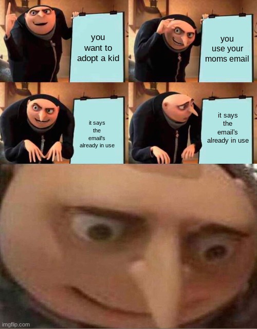 your adopted! | you want to adopt a kid; you use your moms email; it says the email's already in use; it says the email's already in use | image tagged in memes,gru's plan | made w/ Imgflip meme maker