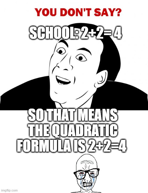 You Don't Say | SCHOOL: 2+2= 4; SO THAT MEANS THE QUADRATIC FORMULA IS 2+2=4 | image tagged in memes,you don't say | made w/ Imgflip meme maker