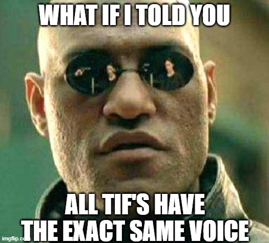 What if i told you | WHAT IF I TOLD YOU; ALL TIF'S HAVE THE EXACT SAME VOICE | image tagged in what if i told you | made w/ Imgflip meme maker