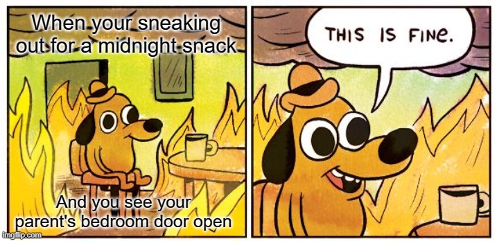 Just wanted a little snack... | When your sneaking out for a midnight snack; And you see your parent's bedroom door open | image tagged in memes,this is fine | made w/ Imgflip meme maker