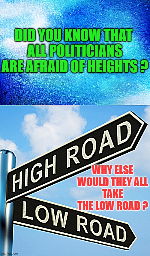 You Take the High Road and I'll Take the Low Road | DID YOU KNOW THAT 
ALL POLITICIANS
ARE AFRAID OF HEIGHTS ? WHY ELSE WOULD THEY ALL
TAKE THE LOW ROAD ? | image tagged in blue sky,politicians | made w/ Imgflip meme maker